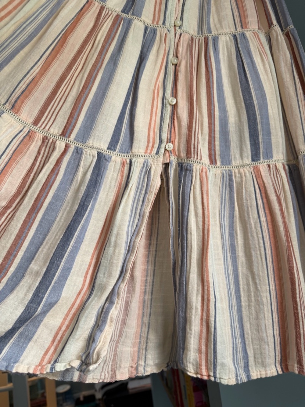Altar'd State Tiered A-Line Button-Front Stripe Skirt in Cream, Blue & Coral - Picture 2 of 4
